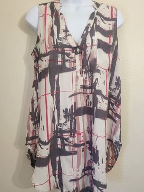 Lush Sleeveless Abstract Brushstroke Tunic - White, Gray, Pink